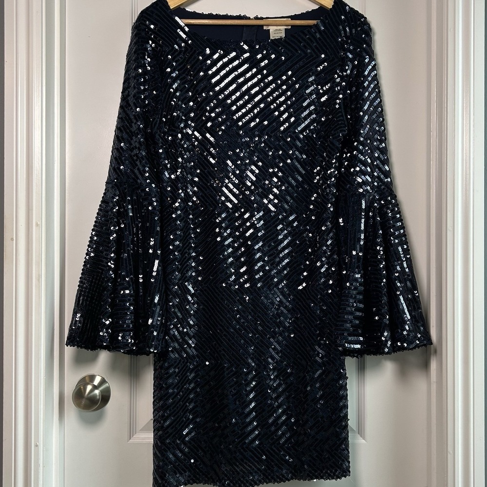Altar'd State Navy Chevron Sequin Bell Sleeve Shift Mini Dress Night Luxe Style